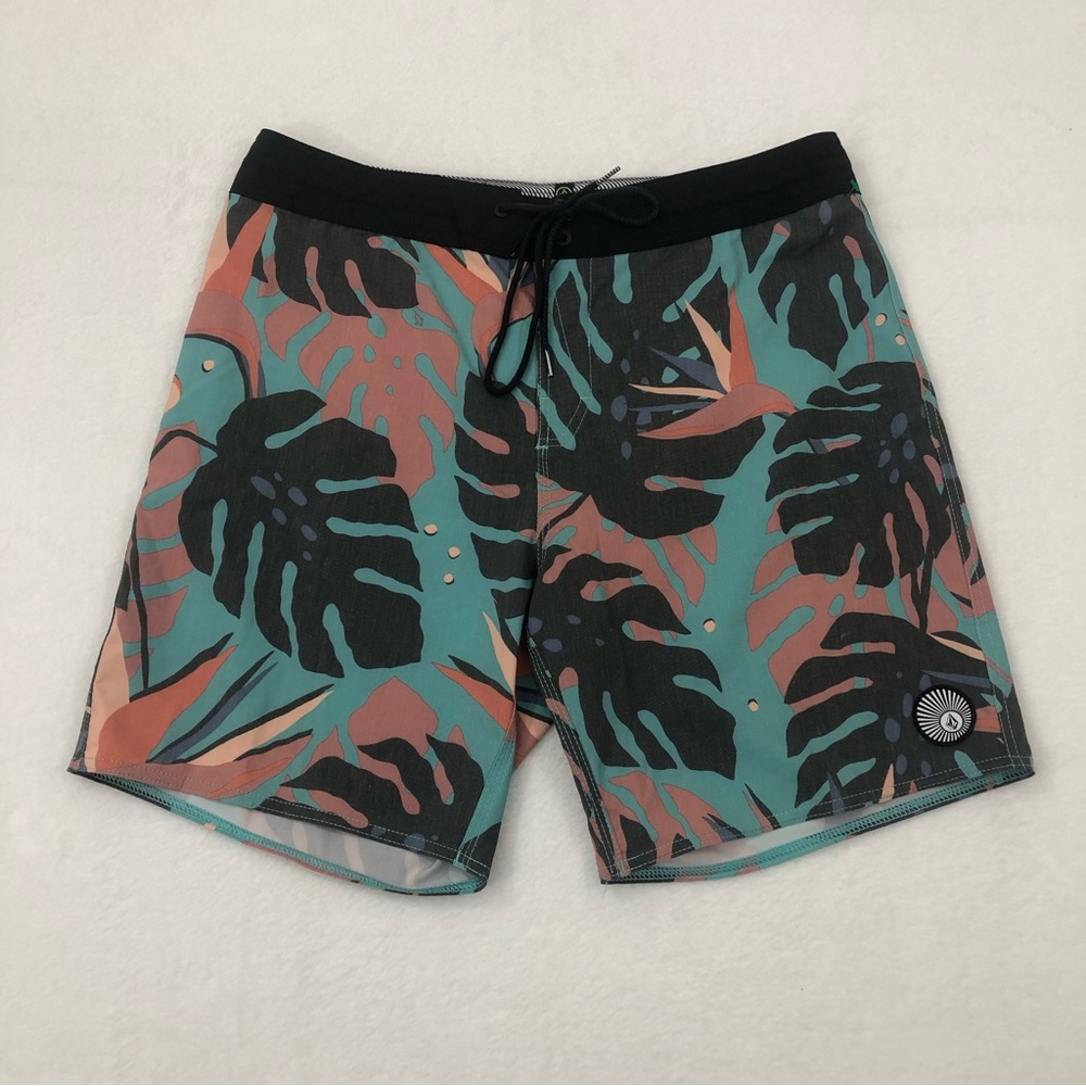 Volcom Stone Cinch Fly Turquoise Black Palm Floral Surf Swim Board Short Men 34 - Picture 1 of 9